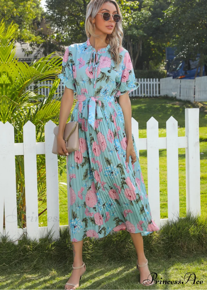 Ruffle Neck Short Sleeve Printed Folds Dress - Image 5