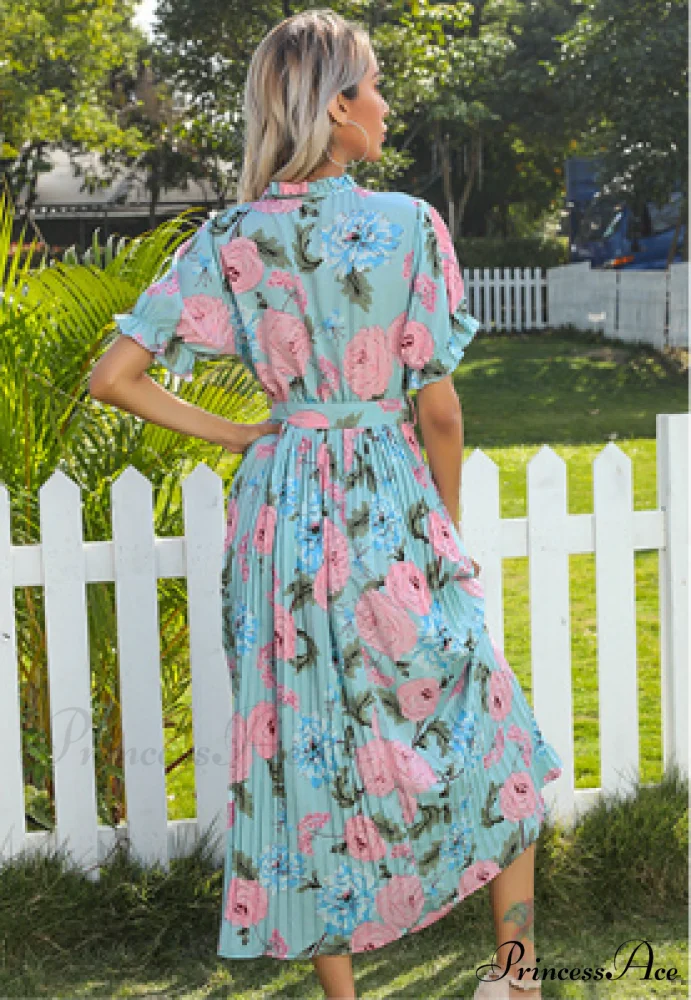Ruffle Neck Short Sleeve Printed Folds Dress - Image 6