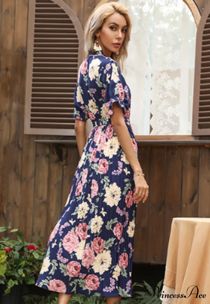 Ruffle Neck Short Sleeve Printed Folds Dress - Image 7