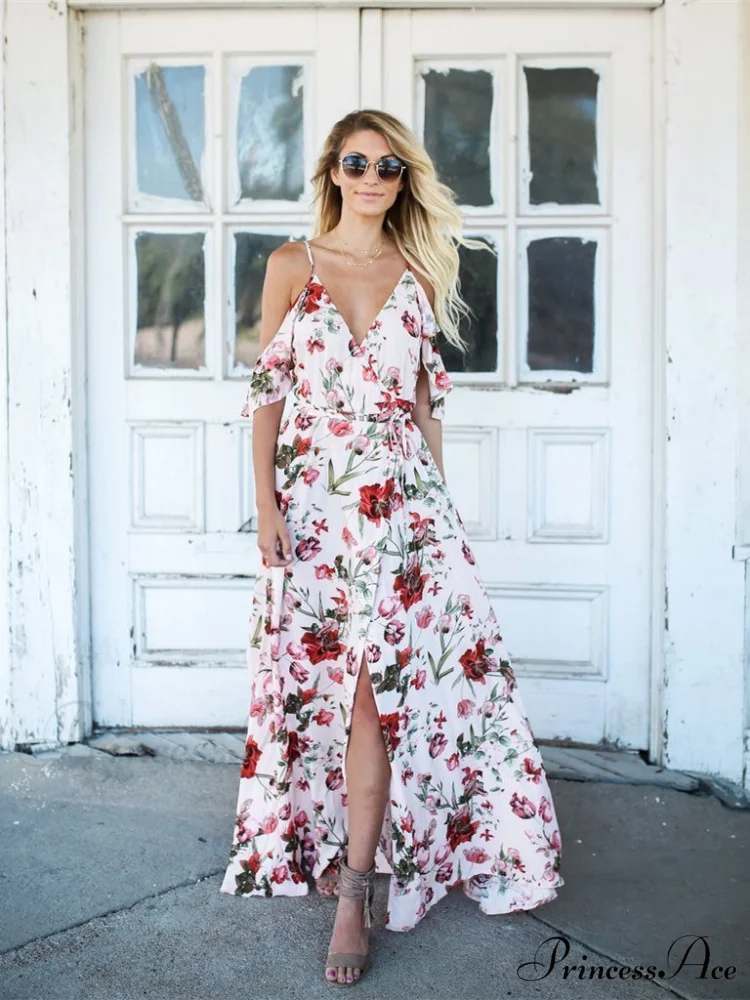 Spaghetti-Neck V-Neck Maxi Dress with Print - Image 2