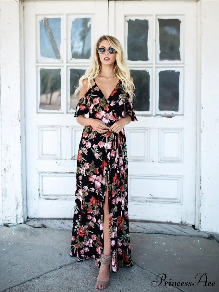 Spaghetti-Neck V-Neck Maxi Dress with Print - Image 4