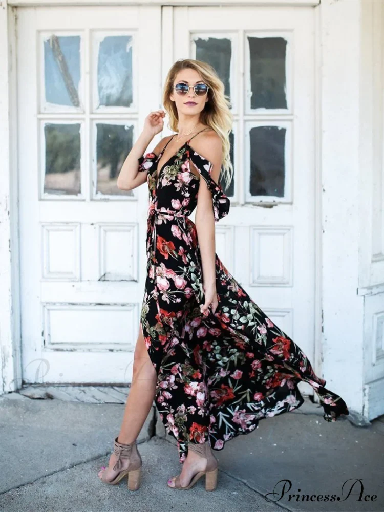 Spaghetti-Neck V-Neck Maxi Dress with Print - Image 6