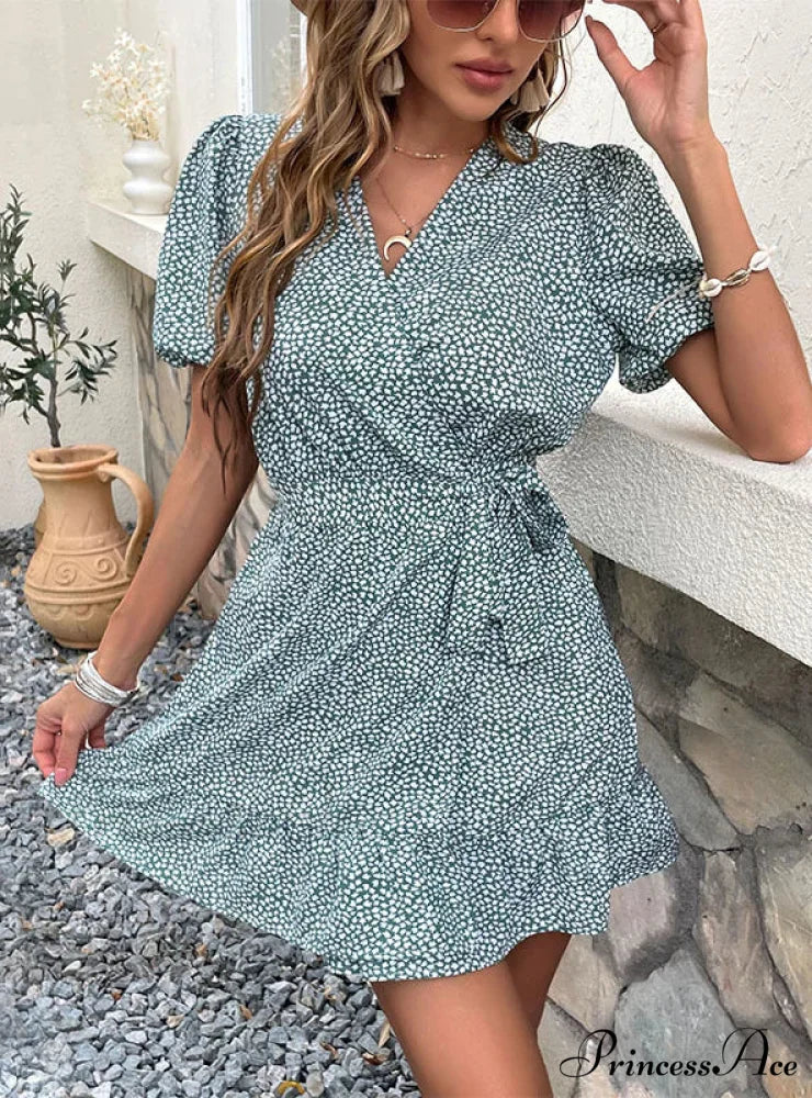 V-Neck Ruffled Lace-Up Dress with Print - Image 2