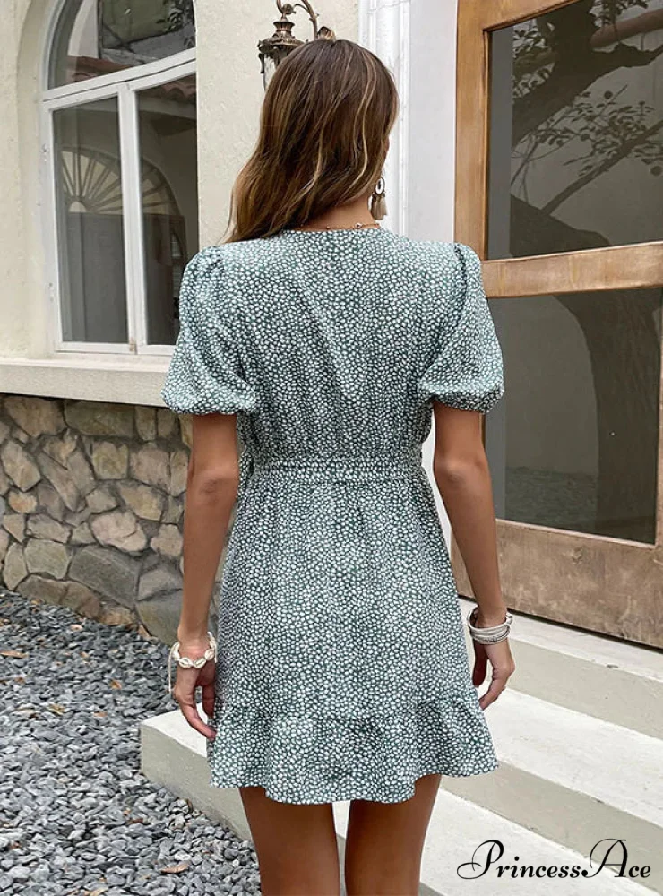 V-Neck Ruffled Lace-Up Dress with Print - Image 3