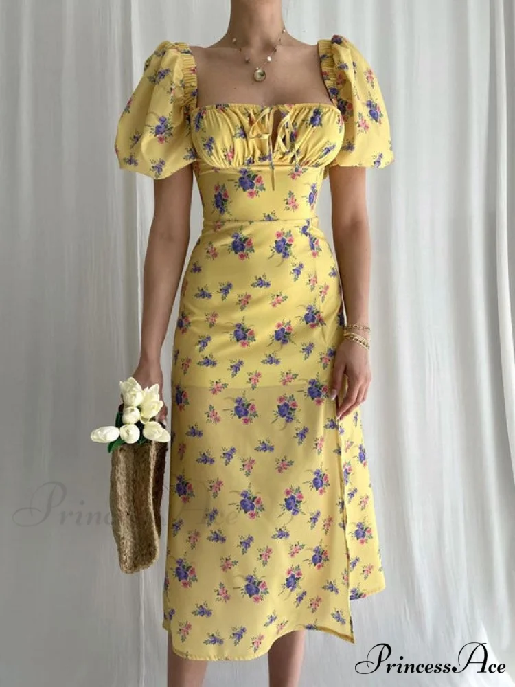 Floral Midi Dress with Puffy Sleeves and Slit - Image 2