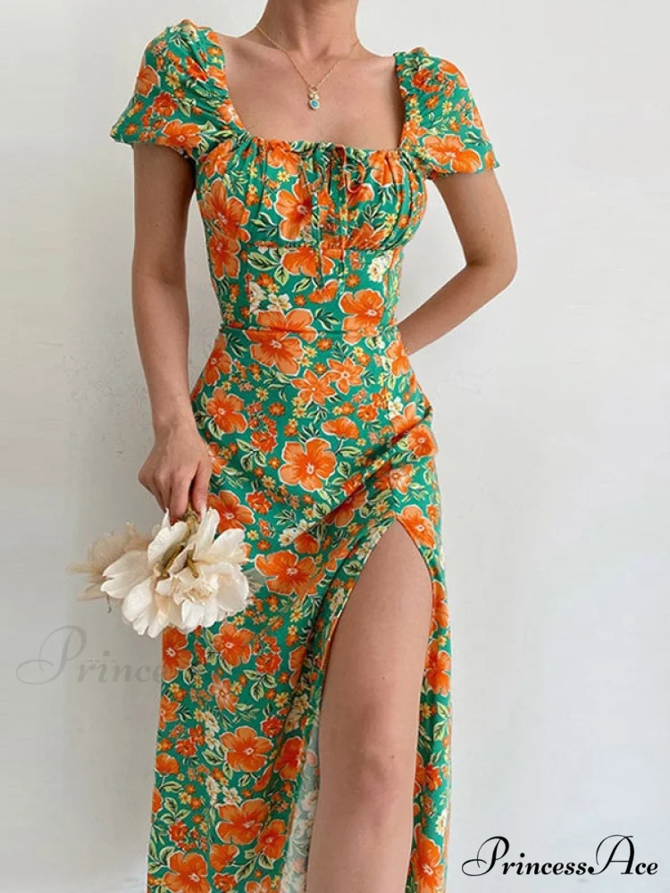 Floral Midi Dress with Puffy Sleeves and Slit - Image 3