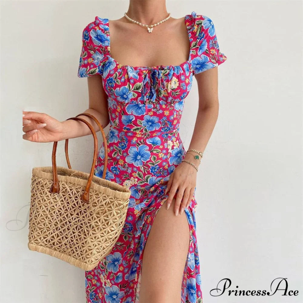 Floral Midi Dress with Puffy Sleeves and Slit - Image 4