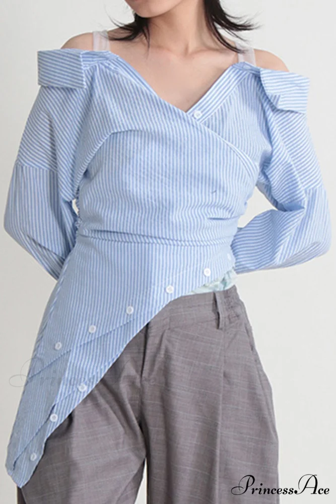 Off Shoulder Striped Blouse with Irregular Long Sleeves - Image 2