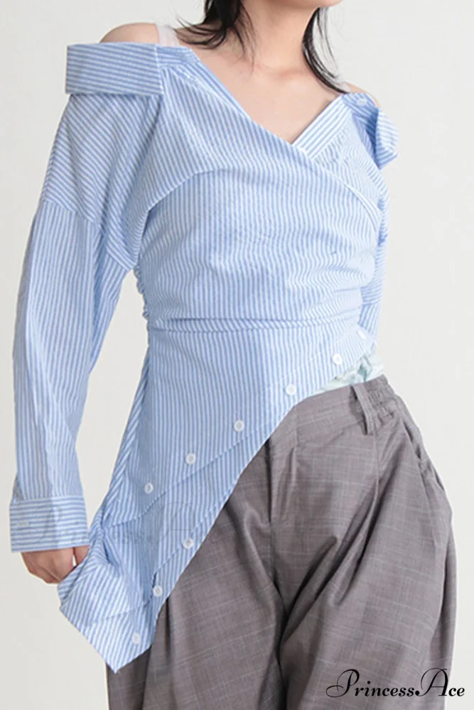Off Shoulder Striped Blouse with Irregular Long Sleeves - Image 3