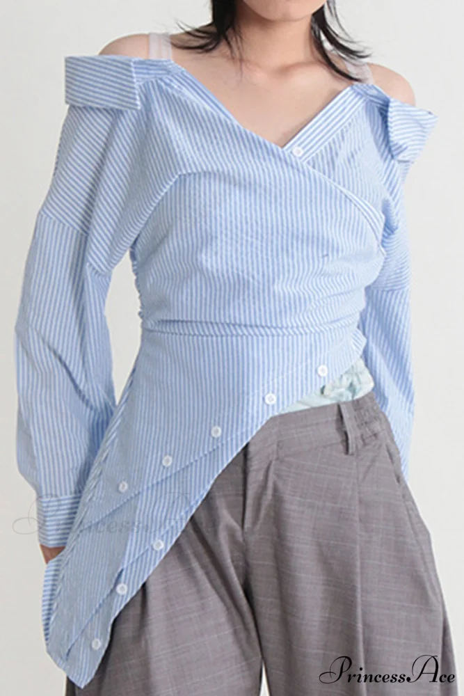 Off Shoulder Striped Blouse with Irregular Long Sleeves - Image 4