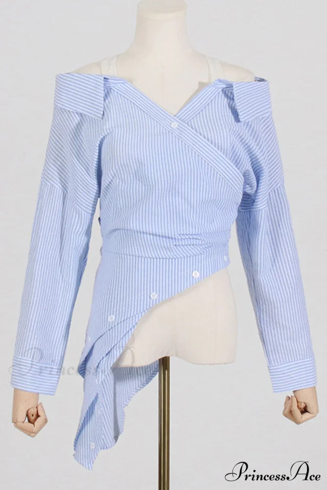 Off Shoulder Striped Blouse with Irregular Long Sleeves - Image 5