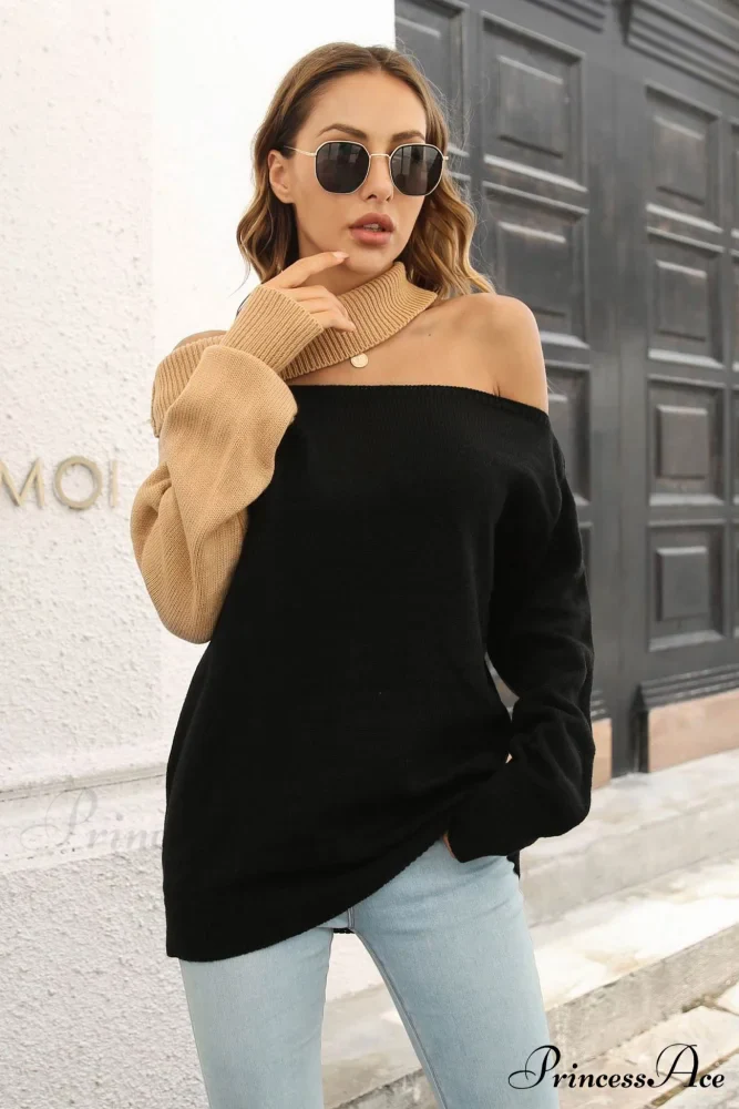 Off Shoulder Sweater with Contrast Colors - Image 3