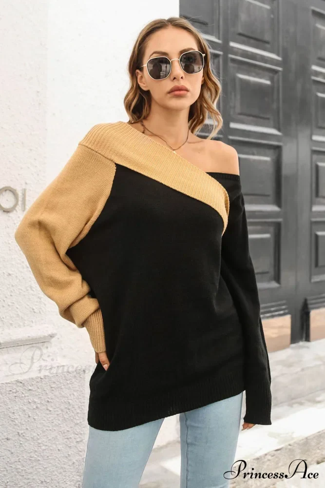 Off Shoulder Sweater with Contrast Colors - Image 4