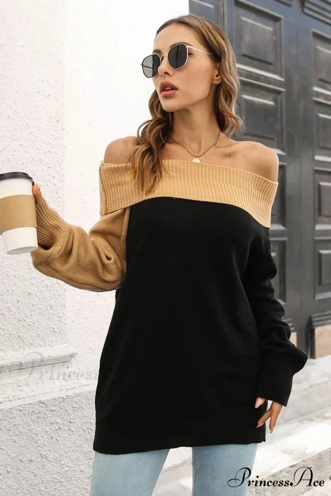Off Shoulder Sweater with Contrast Colors - Image 5