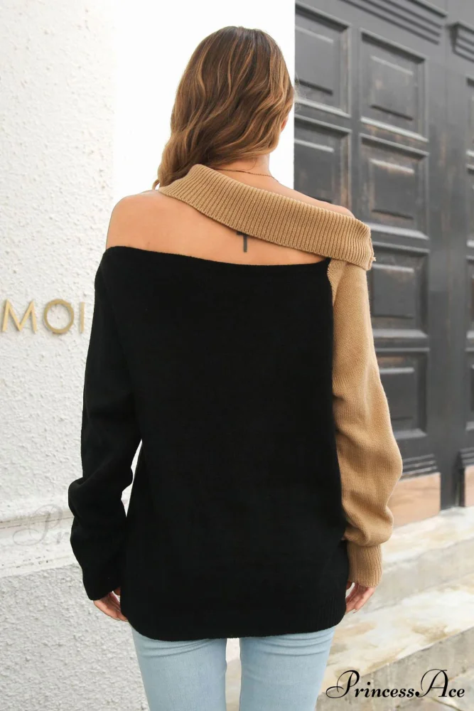 Off Shoulder Sweater with Contrast Colors - Image 6