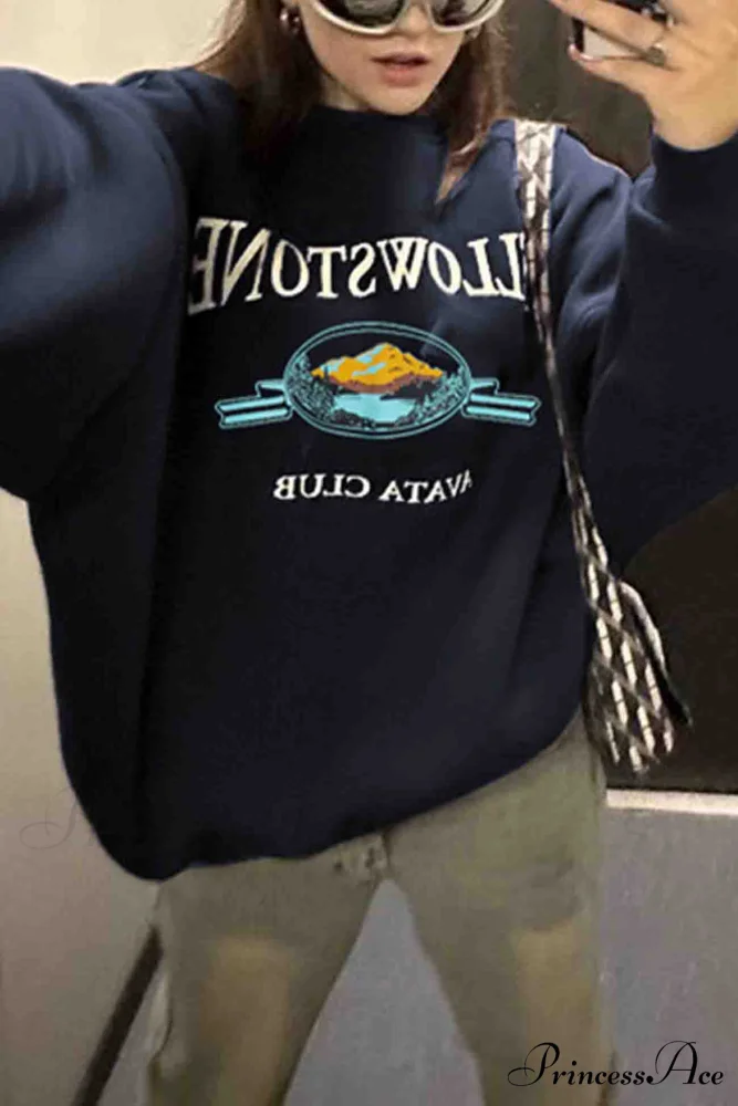 Navy Blue Crew Neck Long Sleeve Sweatshirt with Print - Image 3