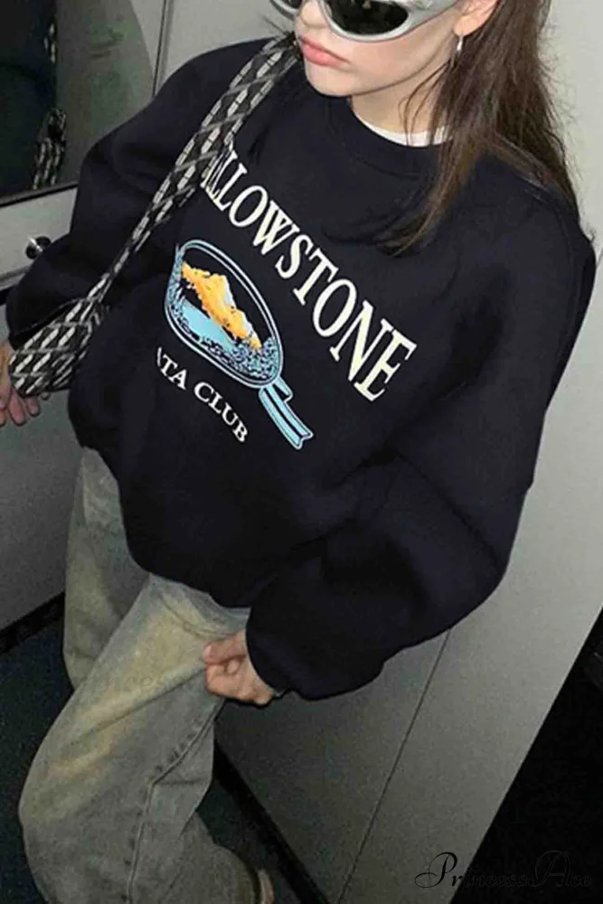 Navy Blue Crew Neck Long Sleeve Sweatshirt with Print - Image 4