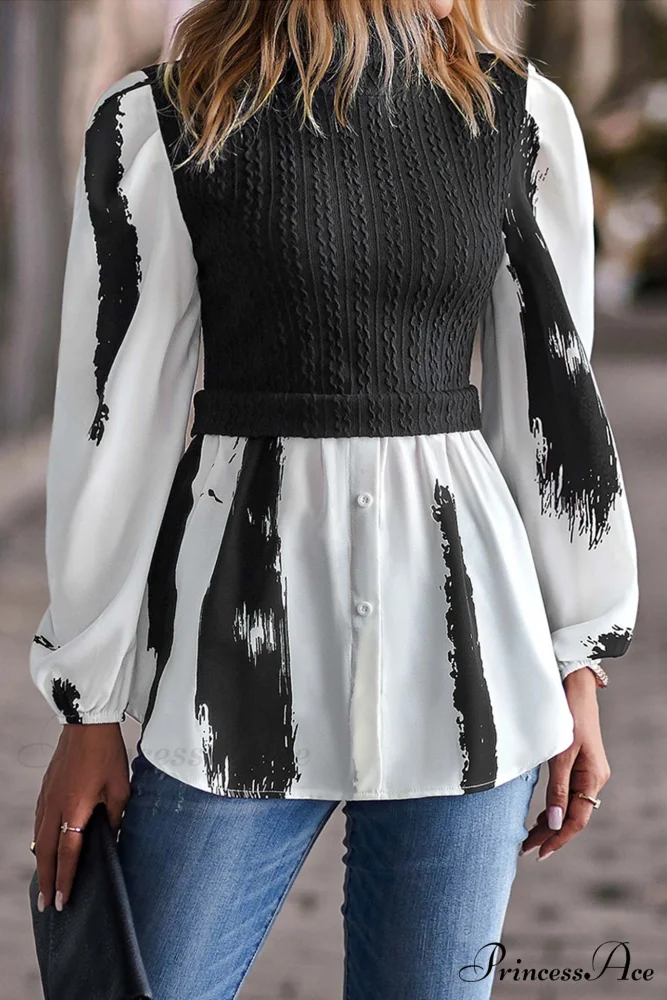 Patchwork Mock Neck Knit Shirt Tops - Image 3