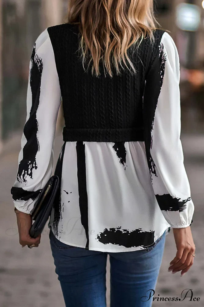 Patchwork Mock Neck Knit Shirt Tops - Image 4