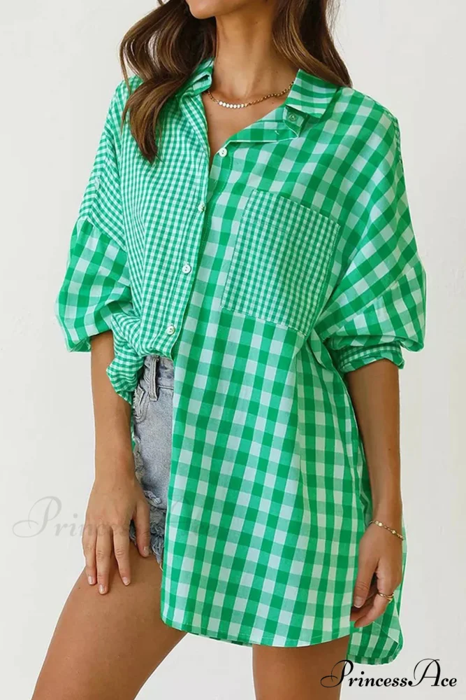 Plaid Patchwork Long Sleeve Shirt - Image 2