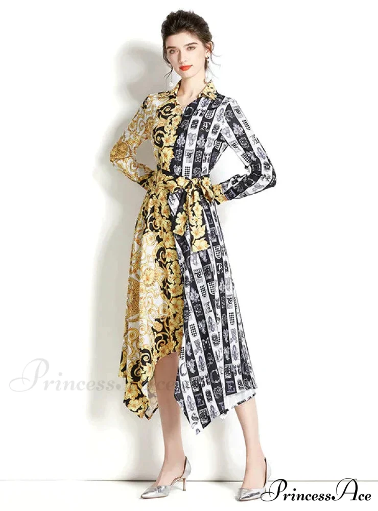 Retro Long Sleeve Printed Irregular Dress - Image 2