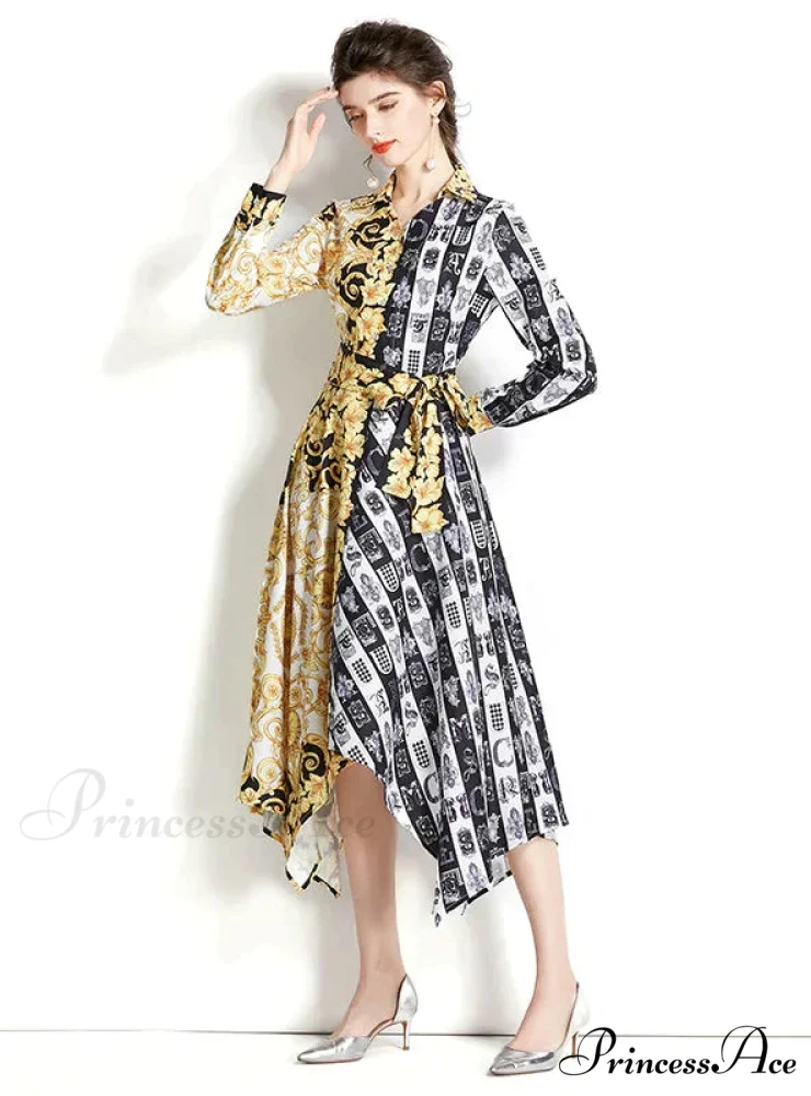 Retro Long Sleeve Printed Irregular Dress - Image 3