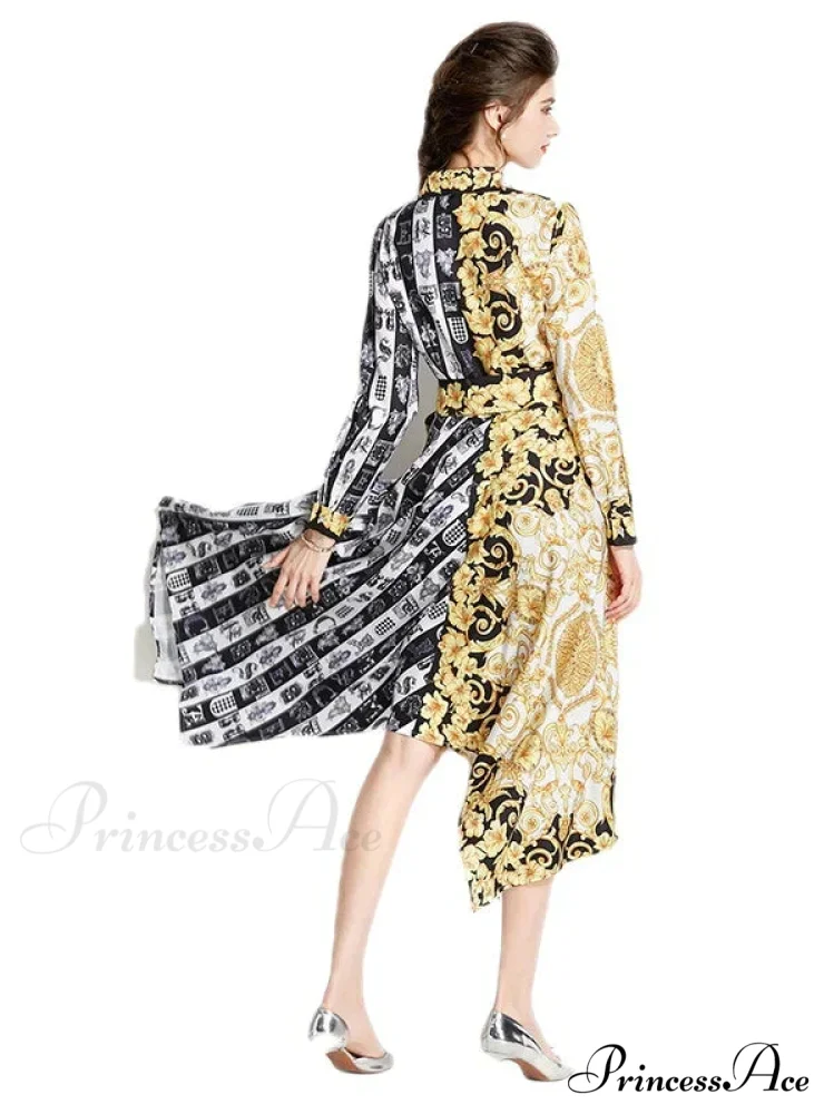 Retro Long Sleeve Printed Irregular Dress - Image 4