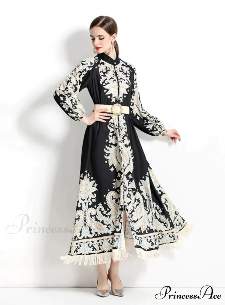 Vintage Printed Fringed Dress with Long Sleeves - Image 2