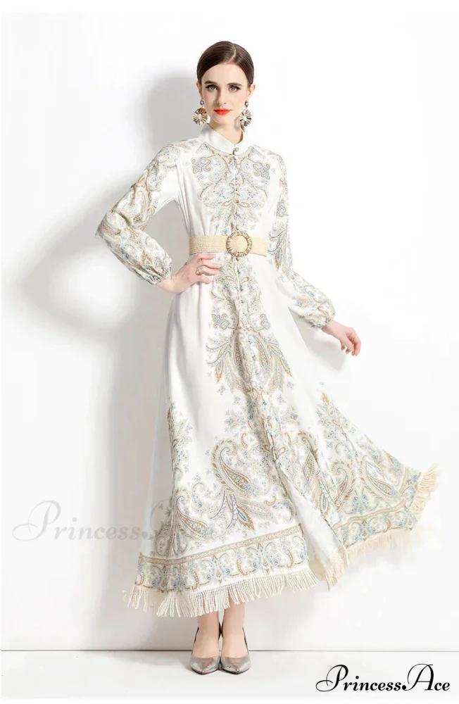 Vintage Printed Fringed Dress with Long Sleeves - Image 3