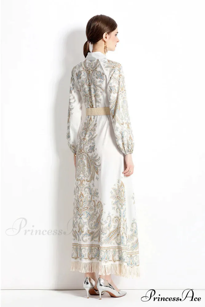 Vintage Printed Fringed Dress with Long Sleeves - Image 4
