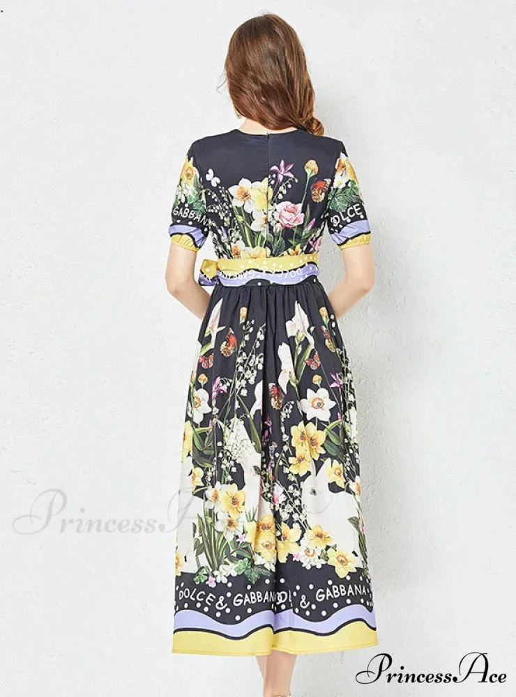 Vintage Short-Sleeve Printed Dress with Round Neck - Image 3