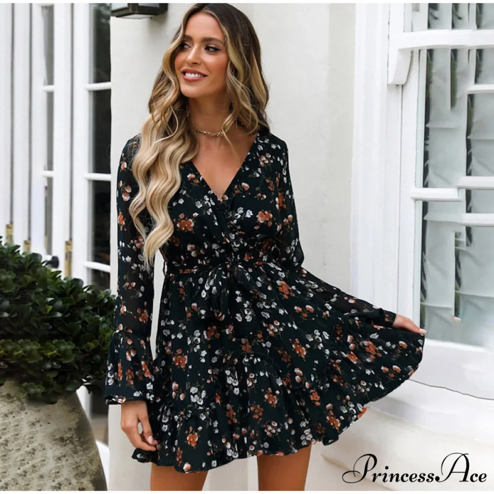 Floral Print V-Neck Belt Mini Dress with Ruffle Flared Long Sleeves - Image 2