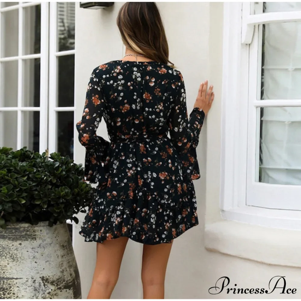 Floral Print V-Neck Belt Mini Dress with Ruffle Flared Long Sleeves - Image 4