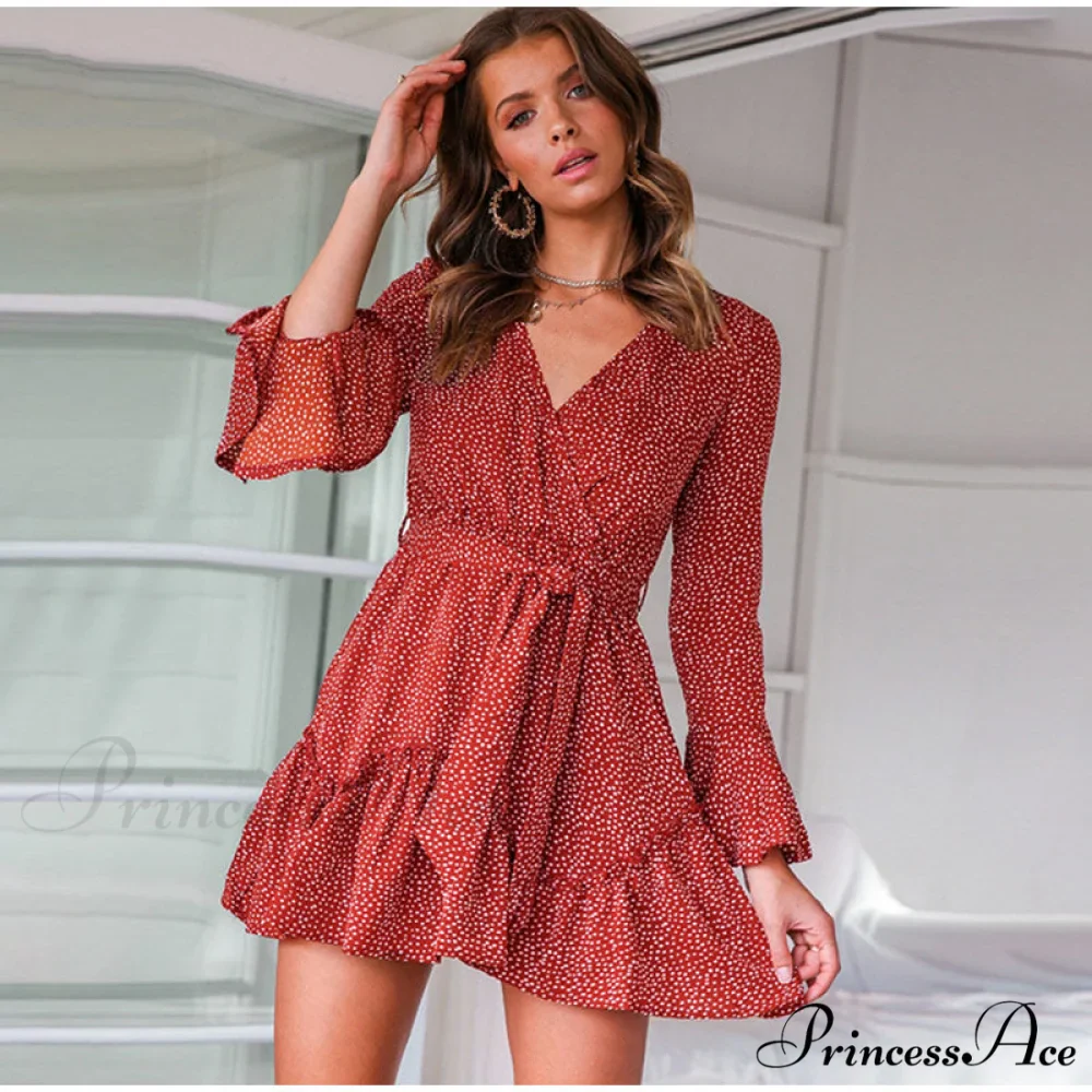 Floral Print V-Neck Belt Mini Dress with Ruffle Flared Long Sleeves - Image 5