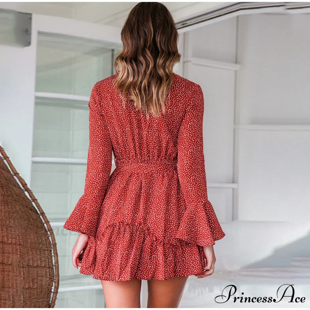 Floral Print V-Neck Belt Mini Dress with Ruffle Flared Long Sleeves - Image 7