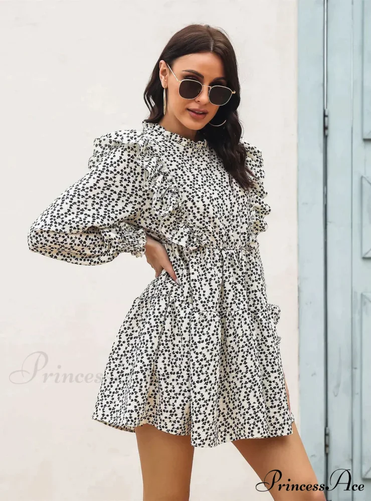 Wood Ear Collar Long Sleeve Printed Dress with Ruffled Detail - Image 2