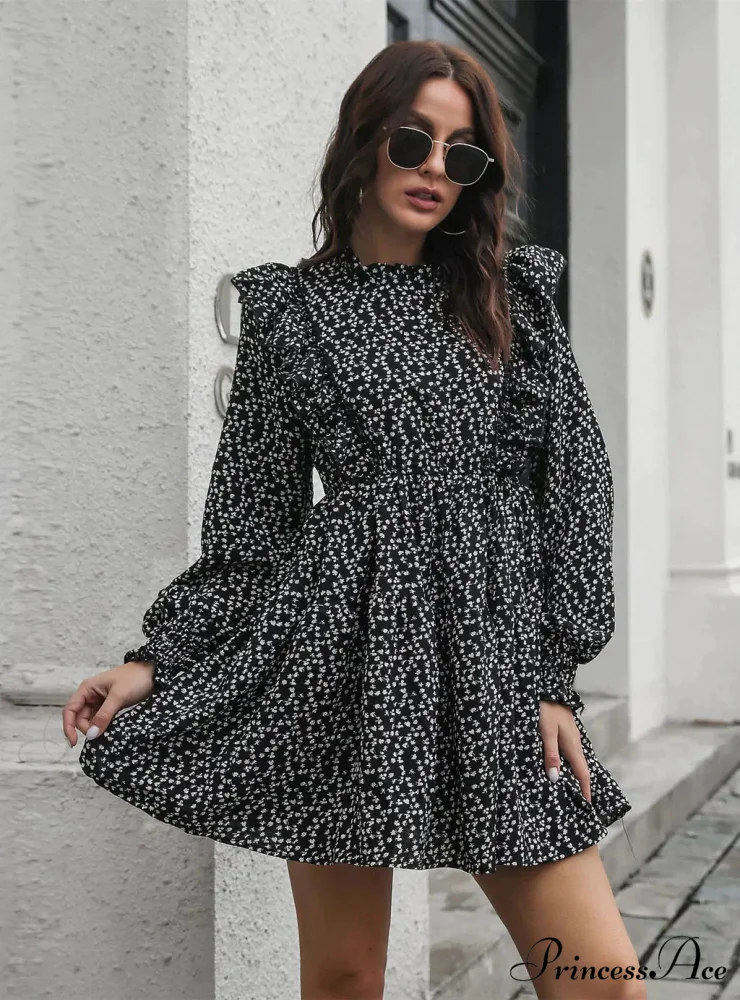 Wood Ear Collar Long Sleeve Printed Dress with Ruffled Detail - Image 6