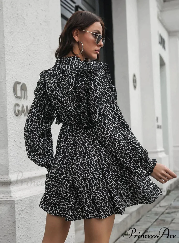 Wood Ear Collar Long Sleeve Printed Dress with Ruffled Detail - Image 7