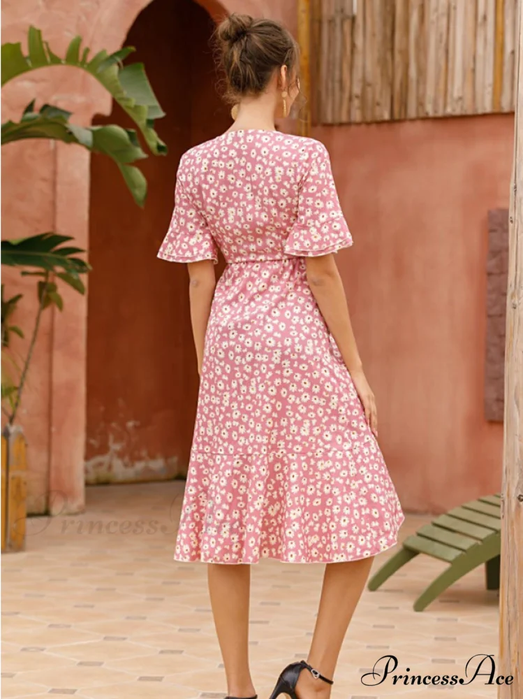 Boho Floral Print Vintage Midi Dress with Ruffle Sleeves for Women - Image 3