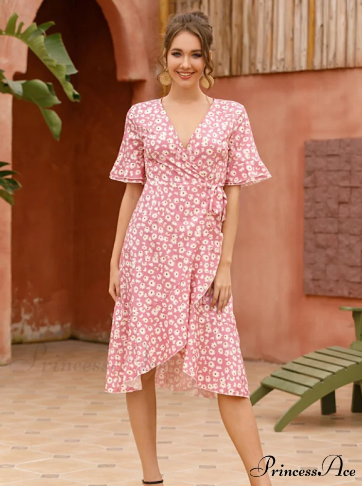 Boho Floral Print Vintage Midi Dress with Ruffle Sleeves for Women - Image 4