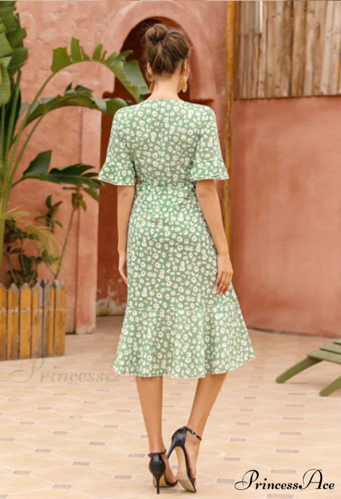 Boho Floral Print Vintage Midi Dress with Ruffle Sleeves for Women - Image 9