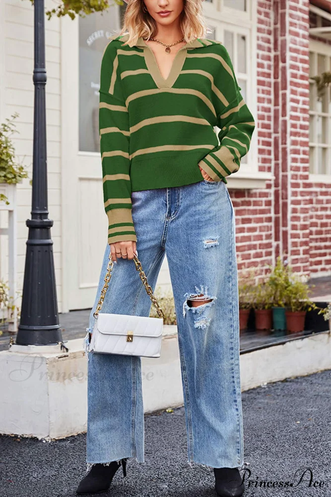 V-neck Striped Sweater with Lapel - Image 11
