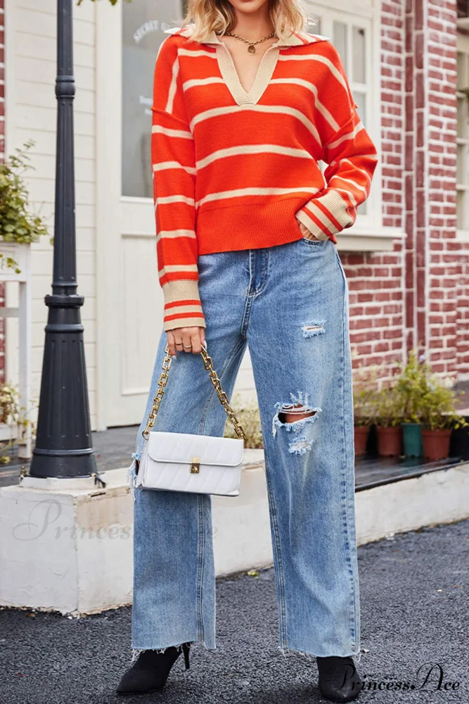 V-neck Striped Sweater with Lapel - Image 3