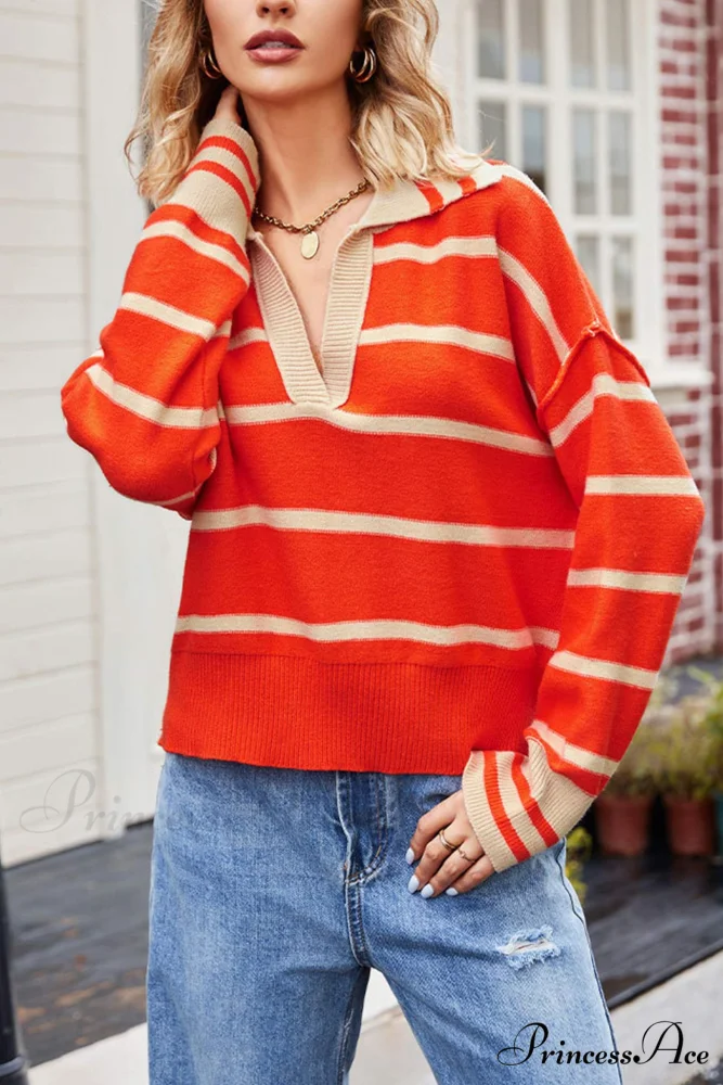 V-neck Striped Sweater with Lapel - Image 4