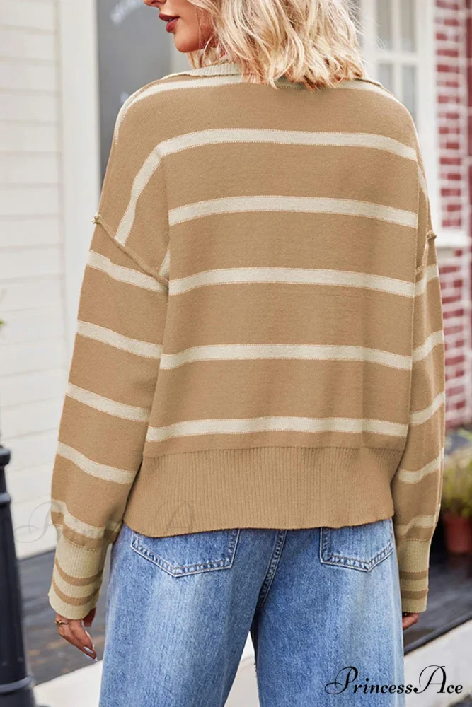 V-neck Striped Sweater with Lapel - Image 8