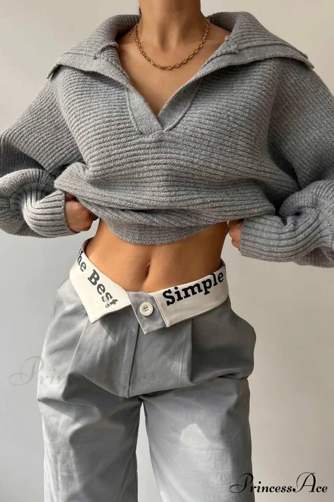 V Neck Puff Sleeve Sweater with Lapel - Image 10