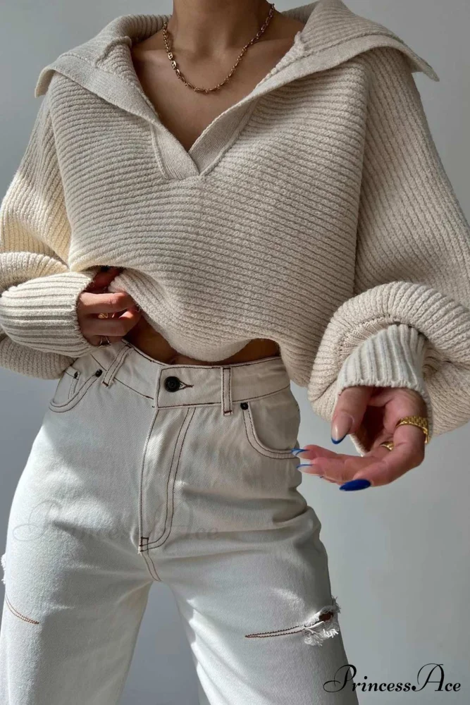 V Neck Puff Sleeve Sweater with Lapel - Image 11