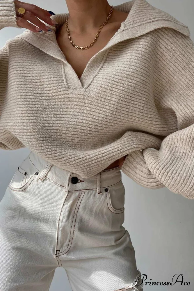 V Neck Puff Sleeve Sweater with Lapel - Image 12