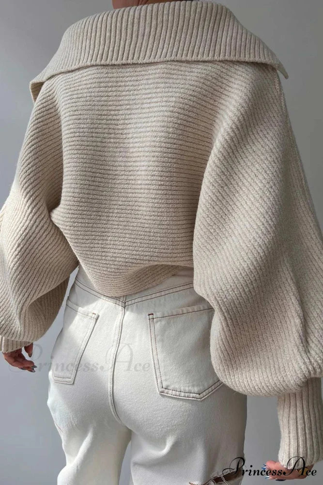 V Neck Puff Sleeve Sweater with Lapel - Image 13