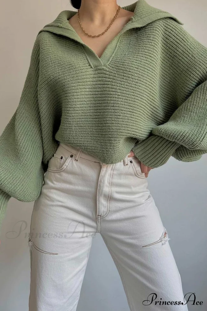 V Neck Puff Sleeve Sweater with Lapel - Image 14
